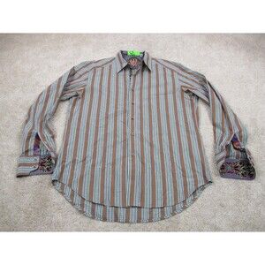 Robert Graham Shirt Mens Medium Blue Orange Striped Flip Cuff Casual Button Up